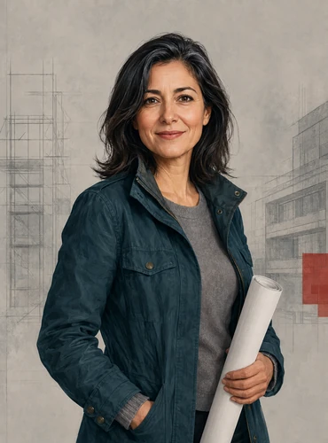 Illustriertes Platzhalterporträt einer Architektin mit einer unbeschrifteten Planrolle.