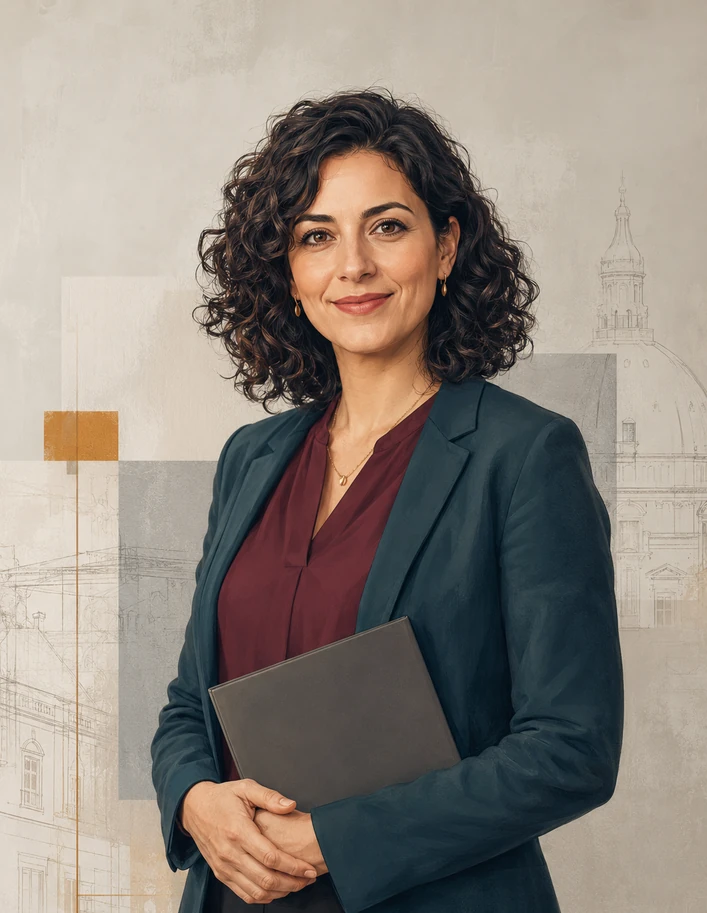 Illustriertes Platzhalterporträt einer Fachfrau mit einer geschlossenen neutralen Mappe.