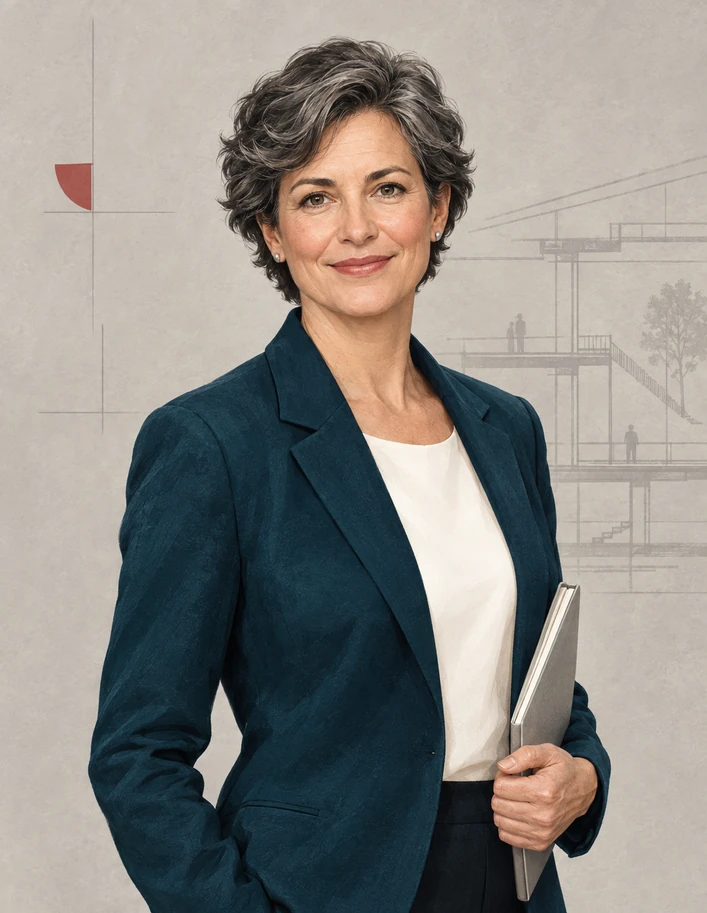 Illustriertes Platzhalterporträt einer erfahrenen Bauingenieurin mit neutraler Planrolle.